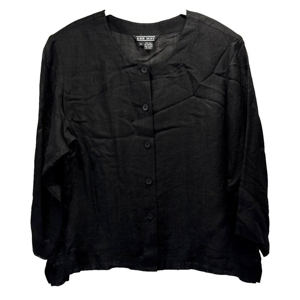 Ann May Women's Top Blouse Size‎ XL Solid Black 100% Silk Semi Sheer 3/4 Sleeves